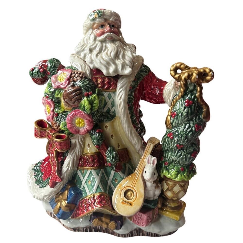 Vintage 1996 Fitz & Floyd “Classic Christmas Wreath” Santa Teapot Ceramic 4 Cup